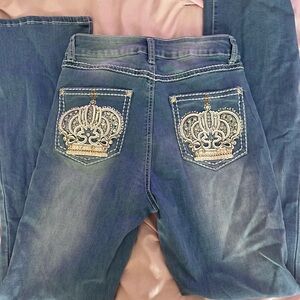 Blue Boot Cut Jeans with Ornate Gold Embroidery